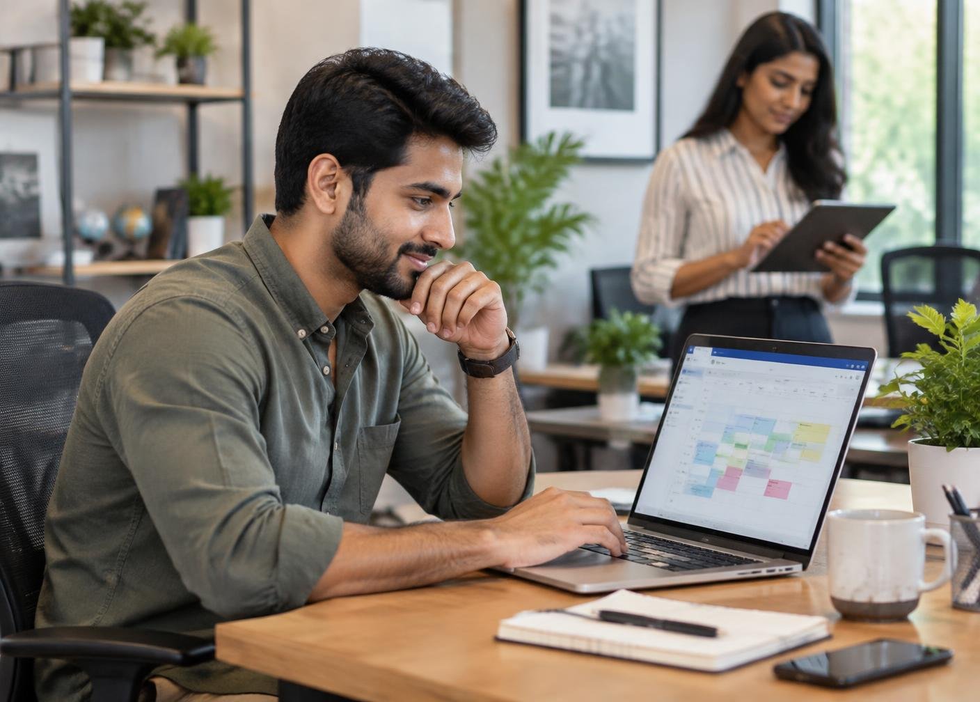 Indian entrepreneur managing a local services business on a laptop with a colleague