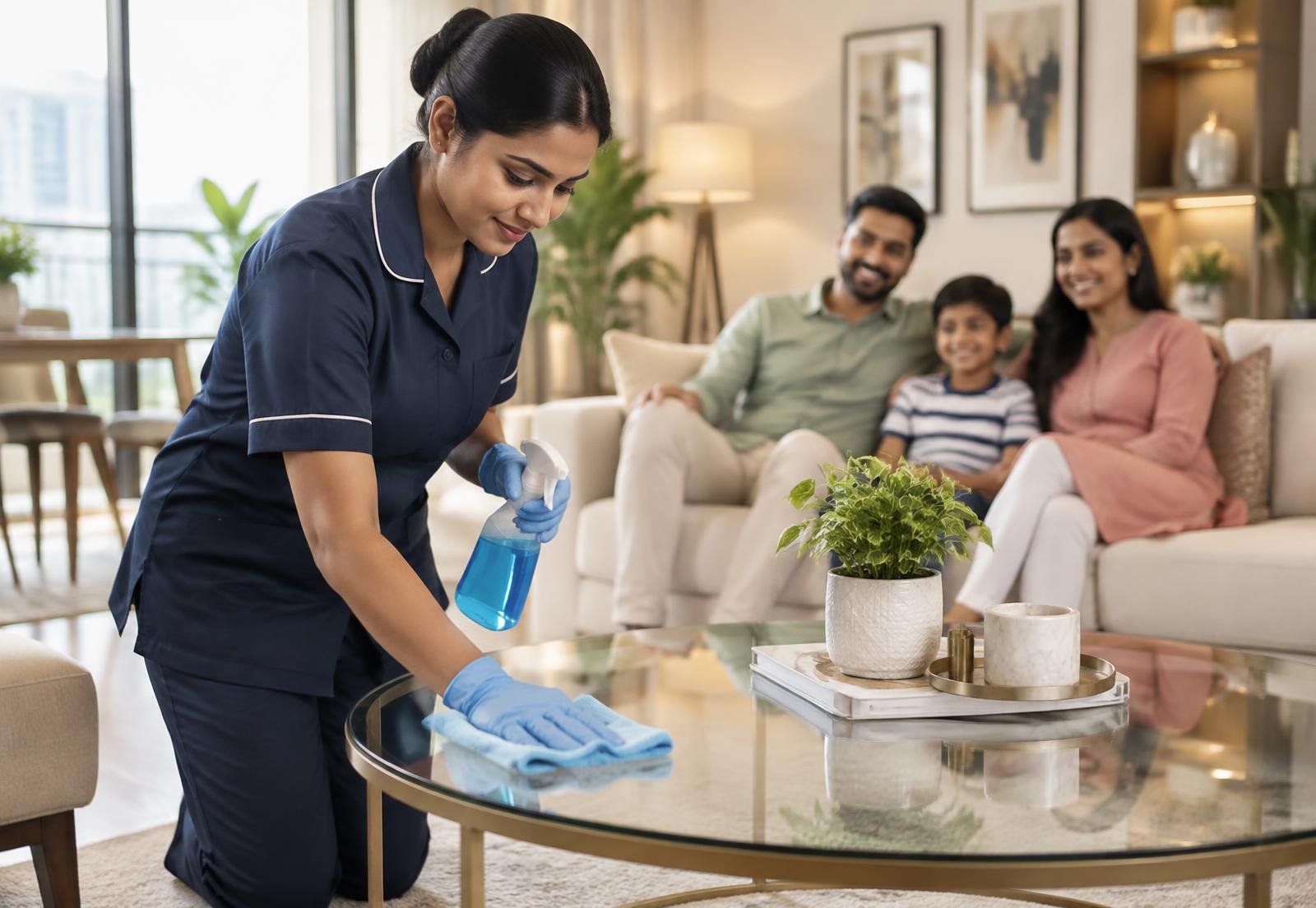 Home service professional cleaning a table in an Indian family's living room