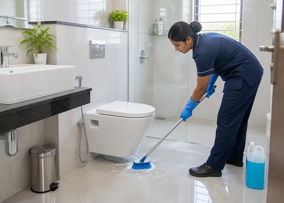 Professional scrubbing the floor of a clean Indian bathroom