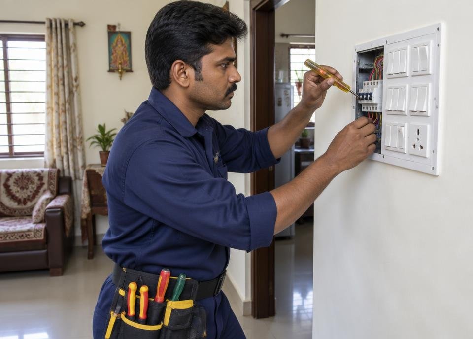 Electrician working on a modular switchboard in an Indian home