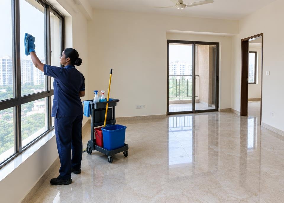 Professional cleaning windows in an empty Indian apartment before move-in