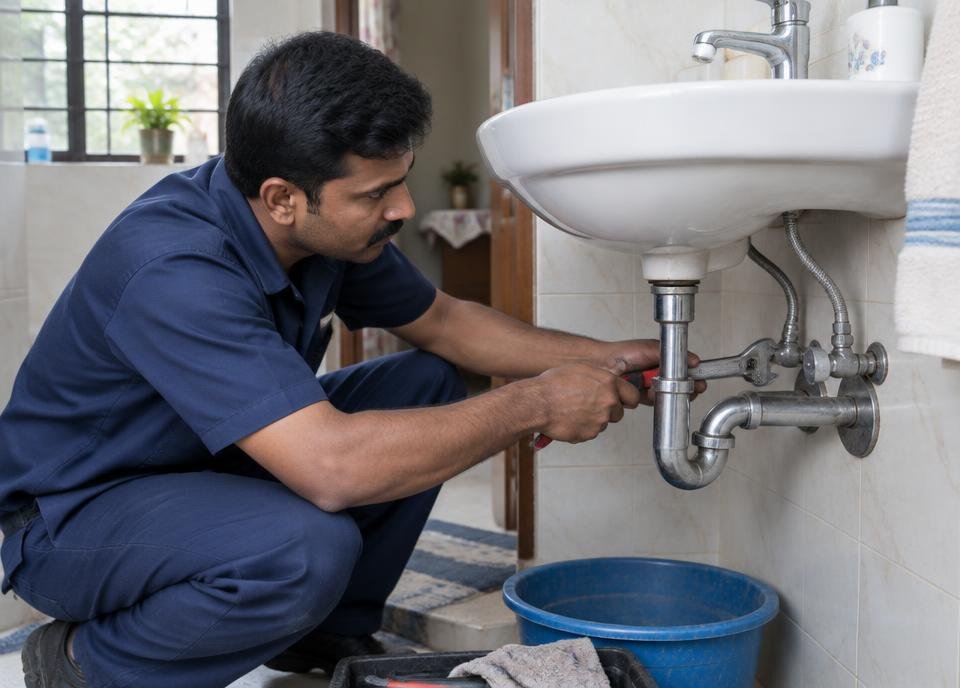 Plumber repairing the pipe under a bathroom washbasin